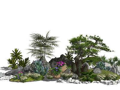 Lush Garden Ornamental Arrangement With Palm Trees Pine Bonsai Rocks And Colorful Flowers 3d model