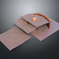Scenic Landscape Model With Brown Textured Terrain Curved Wooden Arch And Orange Bucket