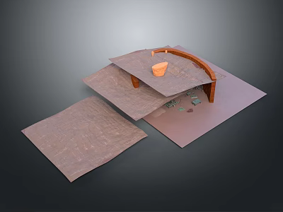 Scenic Landscape Model With Brown Textured Terrain Curved Wooden Arch And Orange Bucket 3d model