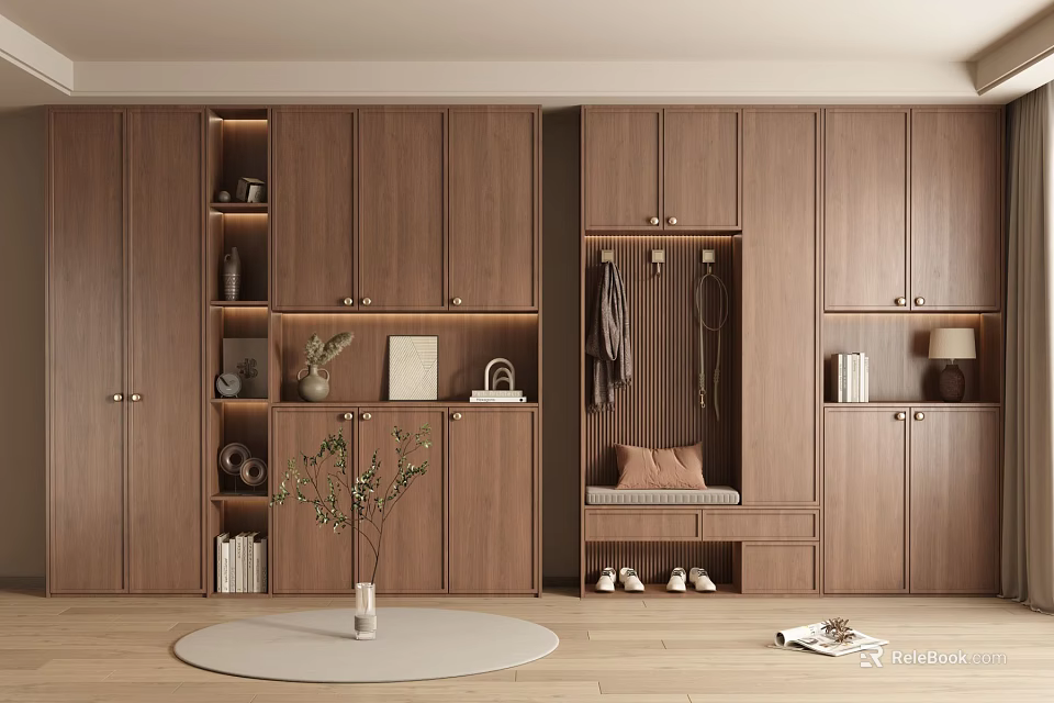 Modern Wooden Shoe Cabinet Interior Design With Hanging Rack Bench Storage And Decorative Plant 3d model 