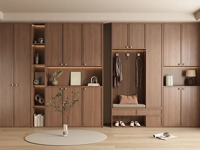 Modern Wooden Shoe Cabinet Interior Design With Hanging Rack Bench Storage And Decorative Plant 3d model