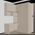 Modern Light Colored Wardrobe Interior With Open Shelves And Desk With Drawers