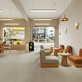 Modern Cafe Interior With Pendant Lights Decorative Paintings Wooden Tables Green Plants And Display Shelves