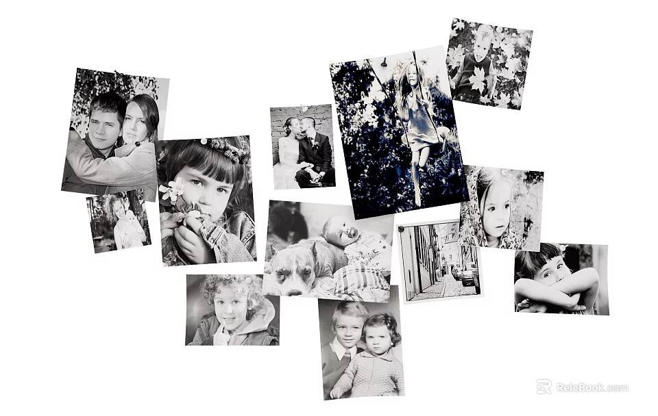 Black and White Family Photo Wall with Vintage Memories and Collage Arrangement 3d model 