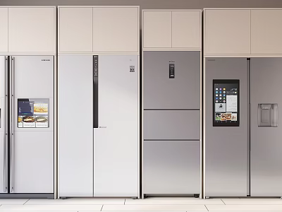 Modern Refrigerators and Freezers with Various Styles and Digital Displays in Kitchen Interior 3d model