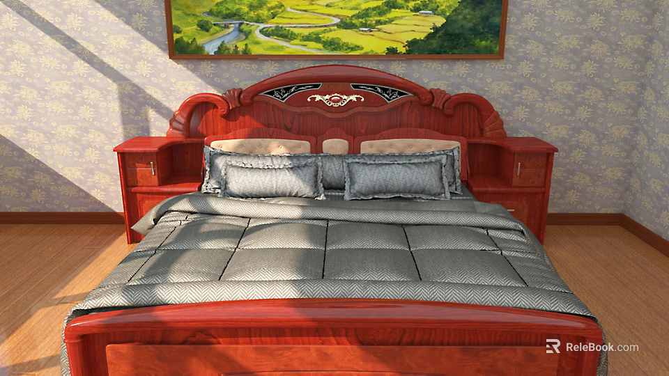 Classic Wooden Double Bed With Carved Headboard Gray Quilt Pillows Nightstands Scenic Painting 3d model 