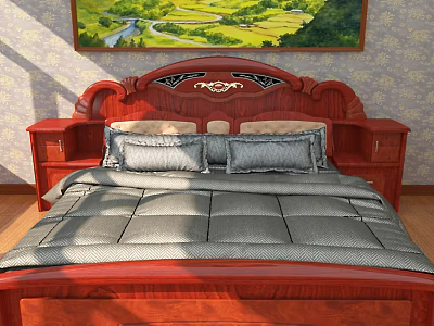 Classic Wooden Double Bed With Carved Headboard Gray Quilt Pillows Nightstands Scenic Painting 3d model