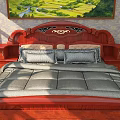 Classic Wooden Double Bed With Carved Headboard Gray Quilt Pillows Nightstands Scenic Painting