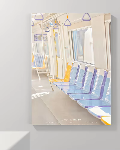 Abstract Painting of Subway Car Interior With Blue Yellow Seats and Sunlit Windows 3d model