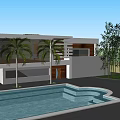 Modern Detached Villa With White Exterior Wooden Panels Palm Trees And Lawn