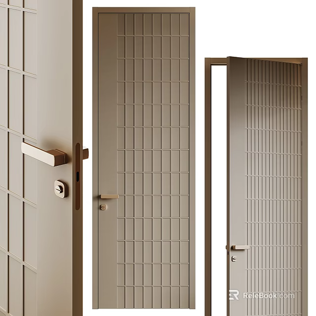 Modern Interior Hinged Door With Light Color Grid Pattern And Metal Handle 3d model 