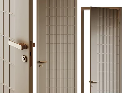 Modern Interior Hinged Door With Light Color Grid Pattern And Metal Handle 3d model