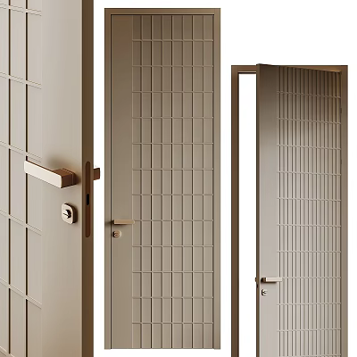 Modern Interior Hinged Door With Light Color Grid Pattern And Metal Handle 3d model