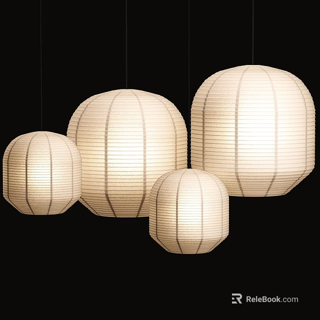Paper Round Pendant Lights In Various Sizes Hanging With Warm Glow On Black Background 3d model 