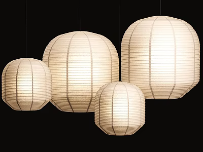 Paper Round Pendant Lights In Various Sizes Hanging With Warm Glow On Black Background 3d model