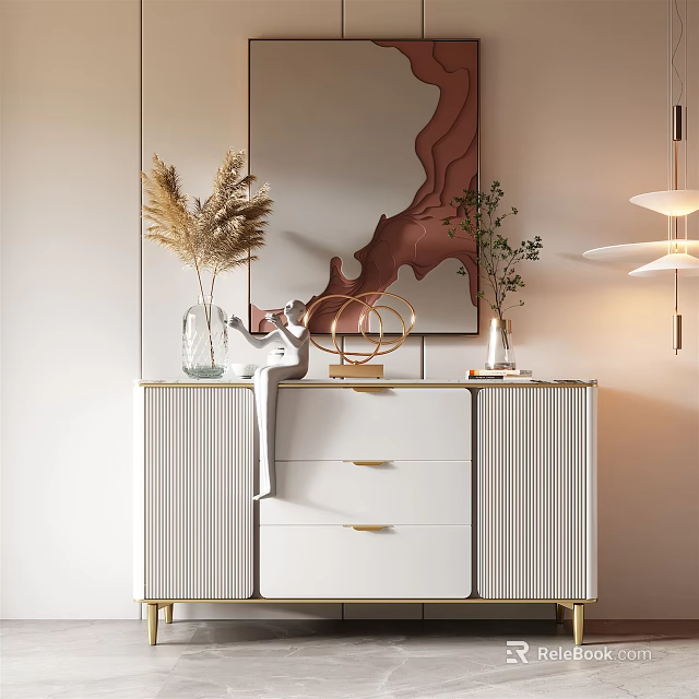 Elegant Console Cabinet With Ribbed Panels Golden Handles Pampas Grass Vase And Decorative Mirror 3d model 