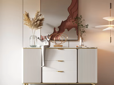 Elegant Console Cabinet With Ribbed Panels Golden Handles Pampas Grass Vase And Decorative Mirror 3d model