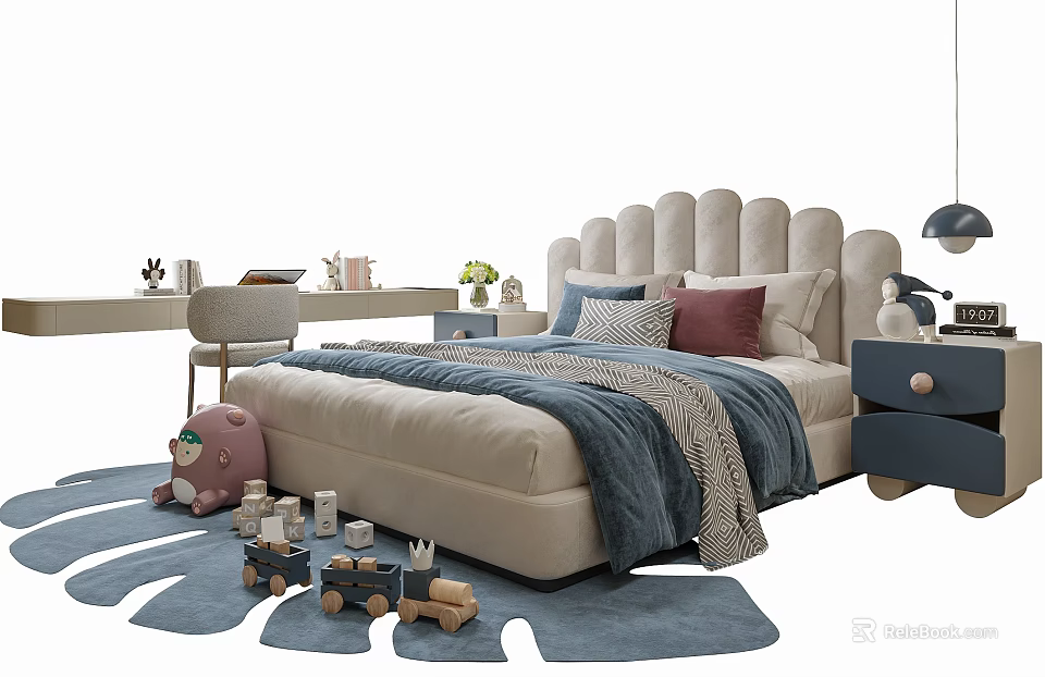 Cozy Children's Bed With Soft Pillows Blue Blanket Wooden Toys And Plush Rug In Bedroom 3d model 