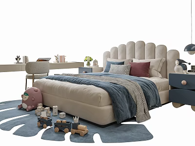 Cozy Children's Bed With Soft Pillows Blue Blanket Wooden Toys And Plush Rug In Bedroom 3d model
