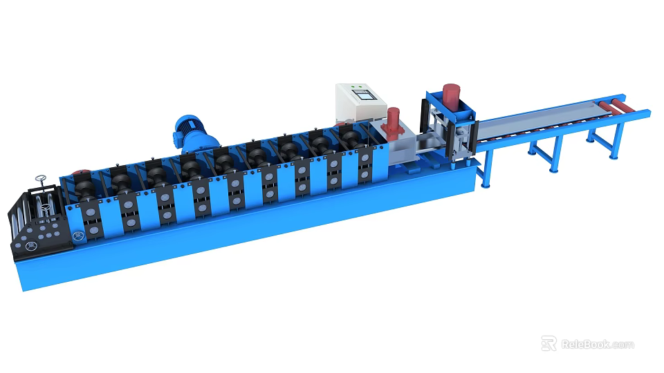 Blue Industrial Roll Forming Machine With Steel Rollers Control Panel And Conveyor System 3d model