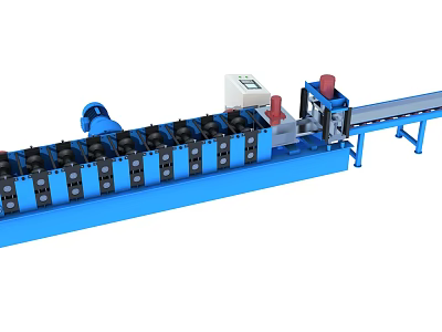 Blue Industrial Roll Forming Machine With Steel Rollers Control Panel And Conveyor System 3d model