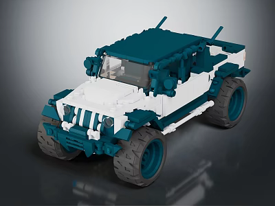Blue and White Building Blocks Off-Road Vehicle with Large Wheels and Roof Structure 3d model