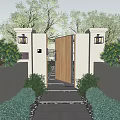 Modern Entrance Gateway With Wooden Door White Walls Lanterns And Green Plants