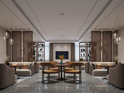 Modern Elegant Café with Wooden Partitions Hanging Lamps Sofas Coffee Tables Bookshelves and Green Plants 3d model