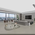 Modern Living and Dining Room with Large Windows City View Sofa TV and Plants