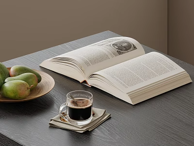 Open Book On Table With Plate Of Fresh Mangoes And Coffee Cup 3d model
