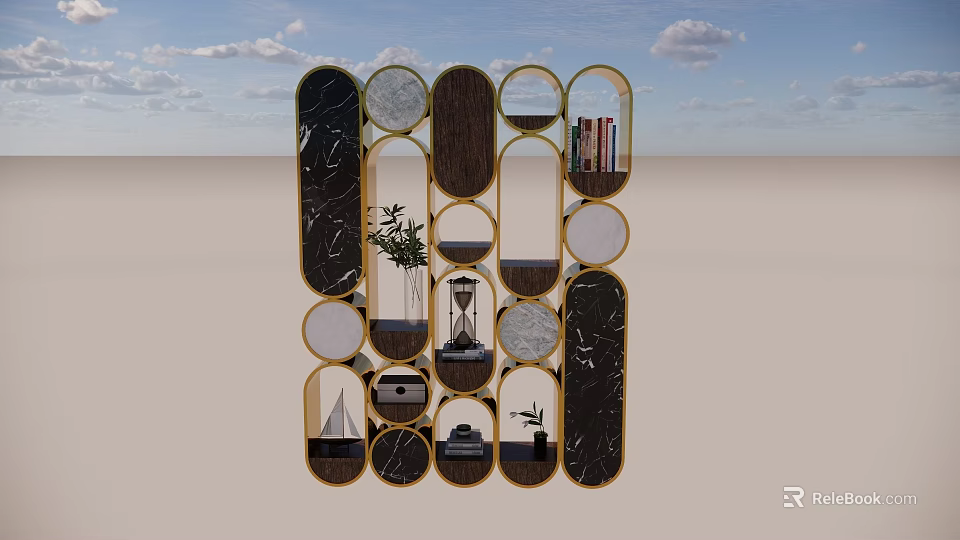 Geometric Modern Bookcase With Circular Oval Compartments Wood Marble Gold Frame Books Plants Decor 3d model 