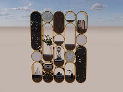 Geometric Modern Bookcase With Circular Oval Compartments Wood Marble Gold Frame Books Plants Decor 3d model