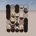 Geometric Modern Bookcase With Circular Oval Compartments Wood Marble Gold Frame Books Plants Decor