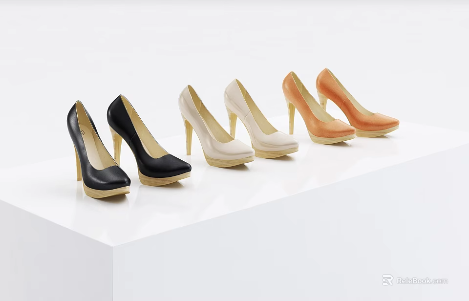 Stylish High Heel Shoes in Black White Beige Orange on White Display Stand 3d model 