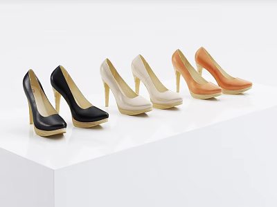 Stylish High Heel Shoes in Black White Beige Orange on White Display Stand 3d model