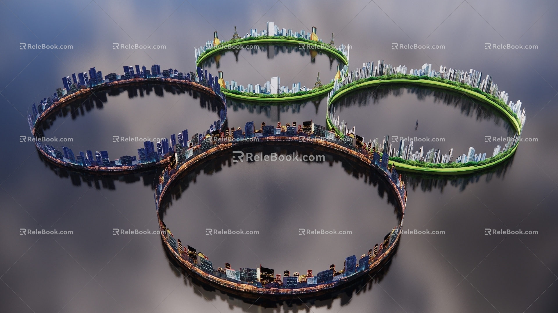 Architectural perspective background plant city hemispherical sky ring tree background 3d model