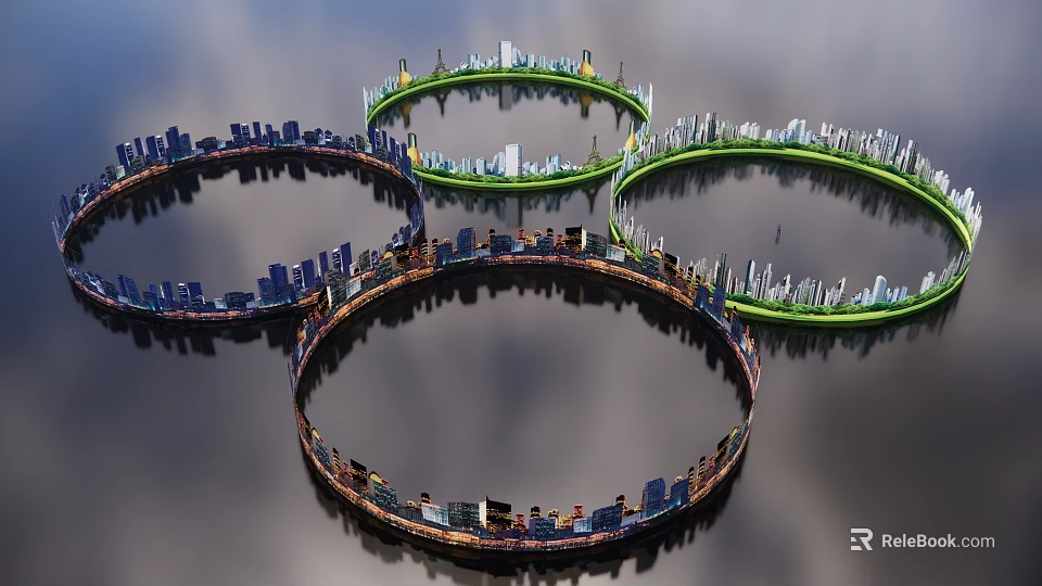 Modern Background Wall With Blue Green Brown Circular Urban Buildings Gray Sky And Water Reflection 3d model 
