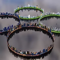 Modern Background Wall With Blue Green Brown Circular Urban Buildings Gray Sky And Water Reflection