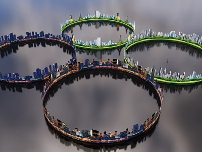 Modern Background Wall With Blue Green Brown Circular Urban Buildings Gray Sky And Water Reflection 3d model
