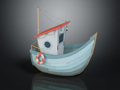 Small Traditional Wooden Boat With Red Roof Lifebuoy And Round Window For Leisure Water Transportation 3d model
