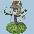 Cute Treehouse On Tree With Red Roof White Walls Wooden Ladder And Green Grass