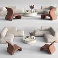 Modern Light Beige Sofa And Round Coffee Table Set With Decorative Plant And Armchairs