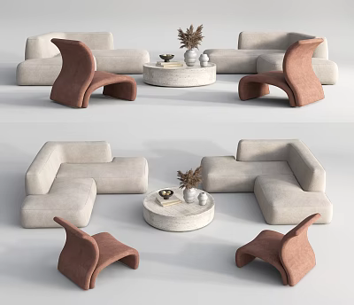 Modern Light Beige Sofa And Round Coffee Table Set With Decorative Plant And Armchairs 3d model