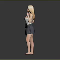 Blonde Woman In White Top And Gray Skirt Standing Barefoot On Gray Background