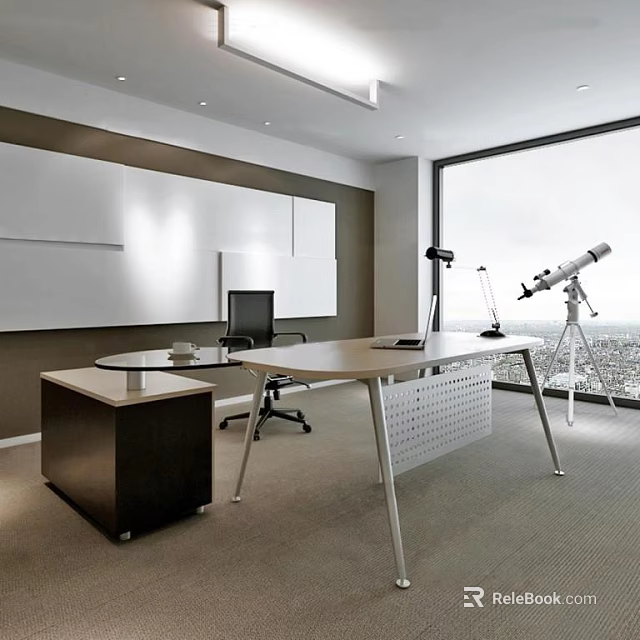 Modern Office Desk With Large Window City View Desk Lamp Telescope And Side Cabinet 3d model 