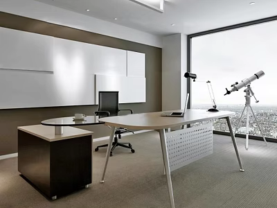 Modern Office Desk With Large Window City View Desk Lamp Telescope And Side Cabinet 3d model