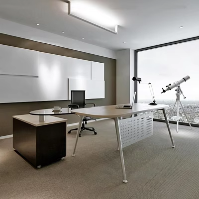 Modern Office Desk With Large Window City View Desk Lamp Telescope And Side Cabinet 3d model