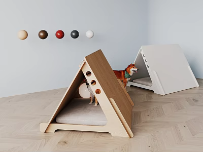 Triangular Pet Beds With Wooden And White Design And Colorful Balls For Pets 3d model