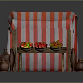 Fruit Stand With Red White Striped Canopy Wooden Frame Fruit Baskets And Clay Pots
