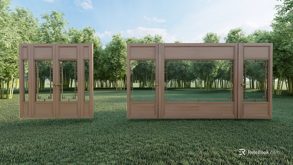 Modern Wooden Gate With Glass Panels And Green Grass Surrounded By Tall Trees 3d model 